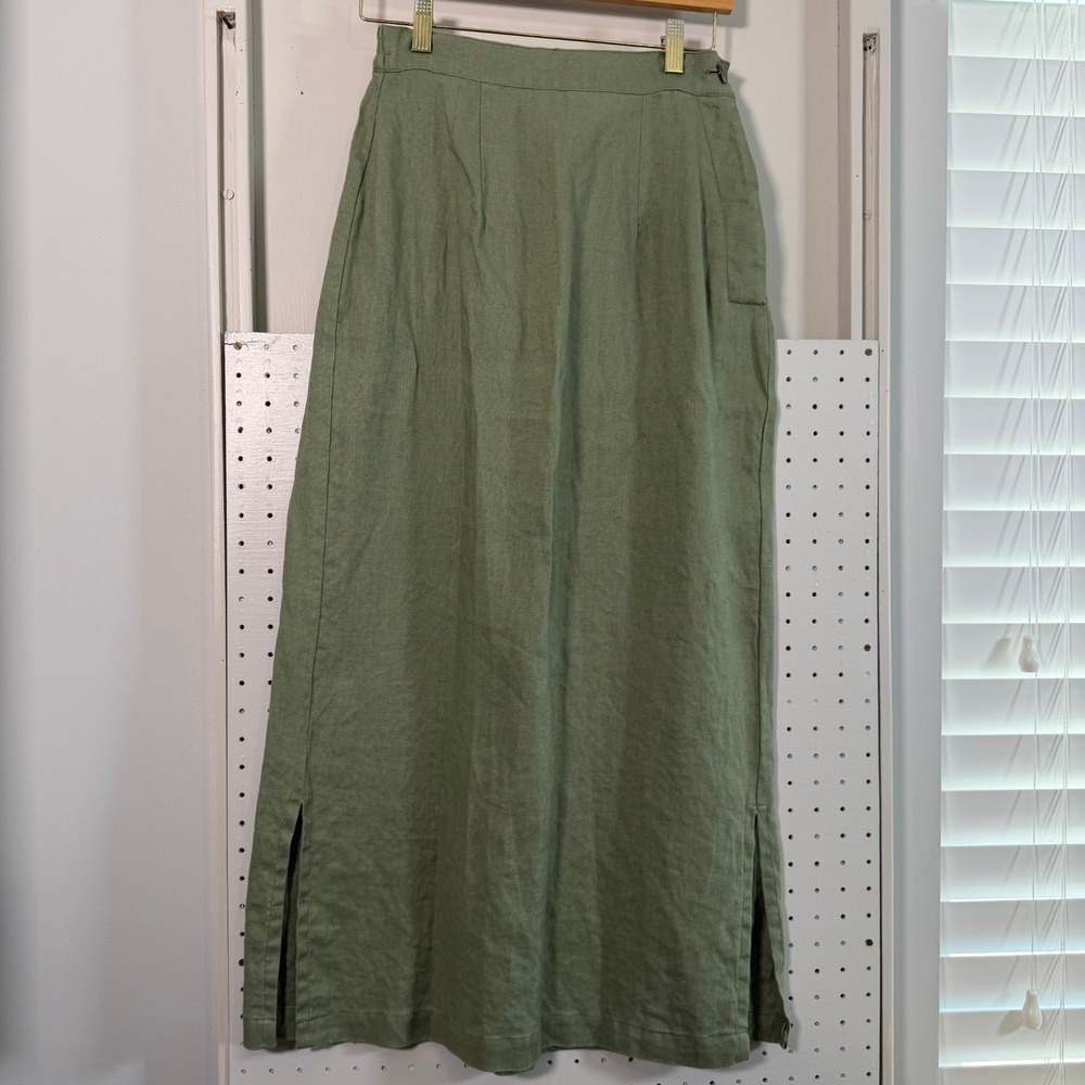 Kiko Comfortable Clothing Linen Maxi Skirt Women's Green Button Slit Hem Medium